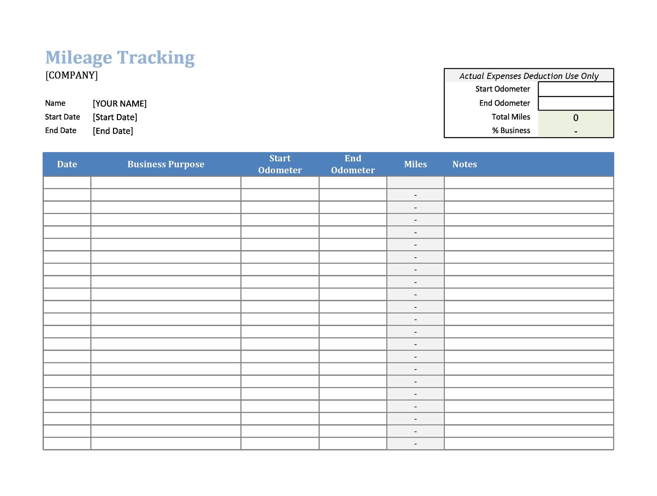 Example Mileage Log Template Example Mileage Log Template