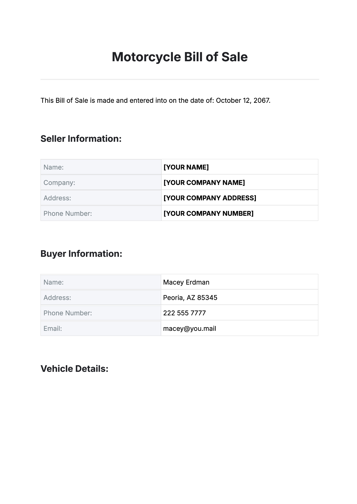 Example Motorcycle Bill of Sale Template Example Motorcycle Bill of Sale Template