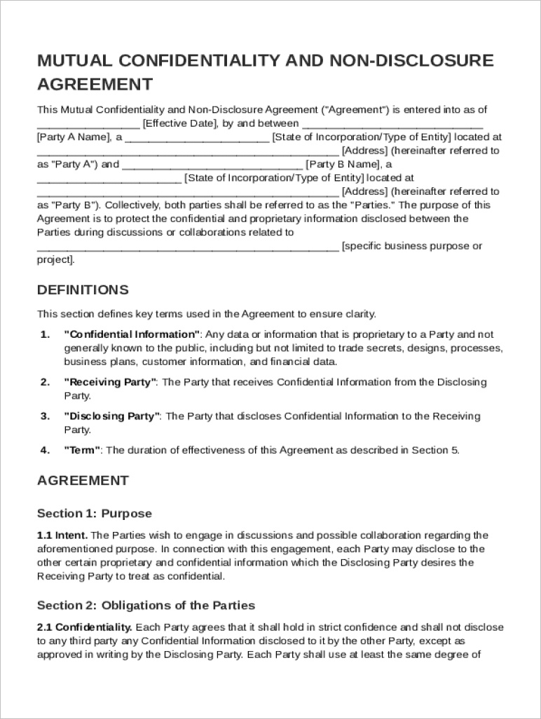 Example Mutual Confidentiality Agreement Template Example Mutual Confidentiality Agreement Template