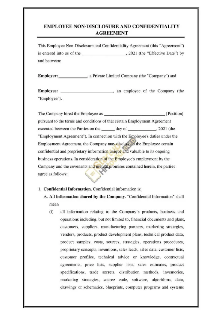 Example Non-disclosure Agreement Template for Employees Example Non-disclosure Agreement Template for Employees