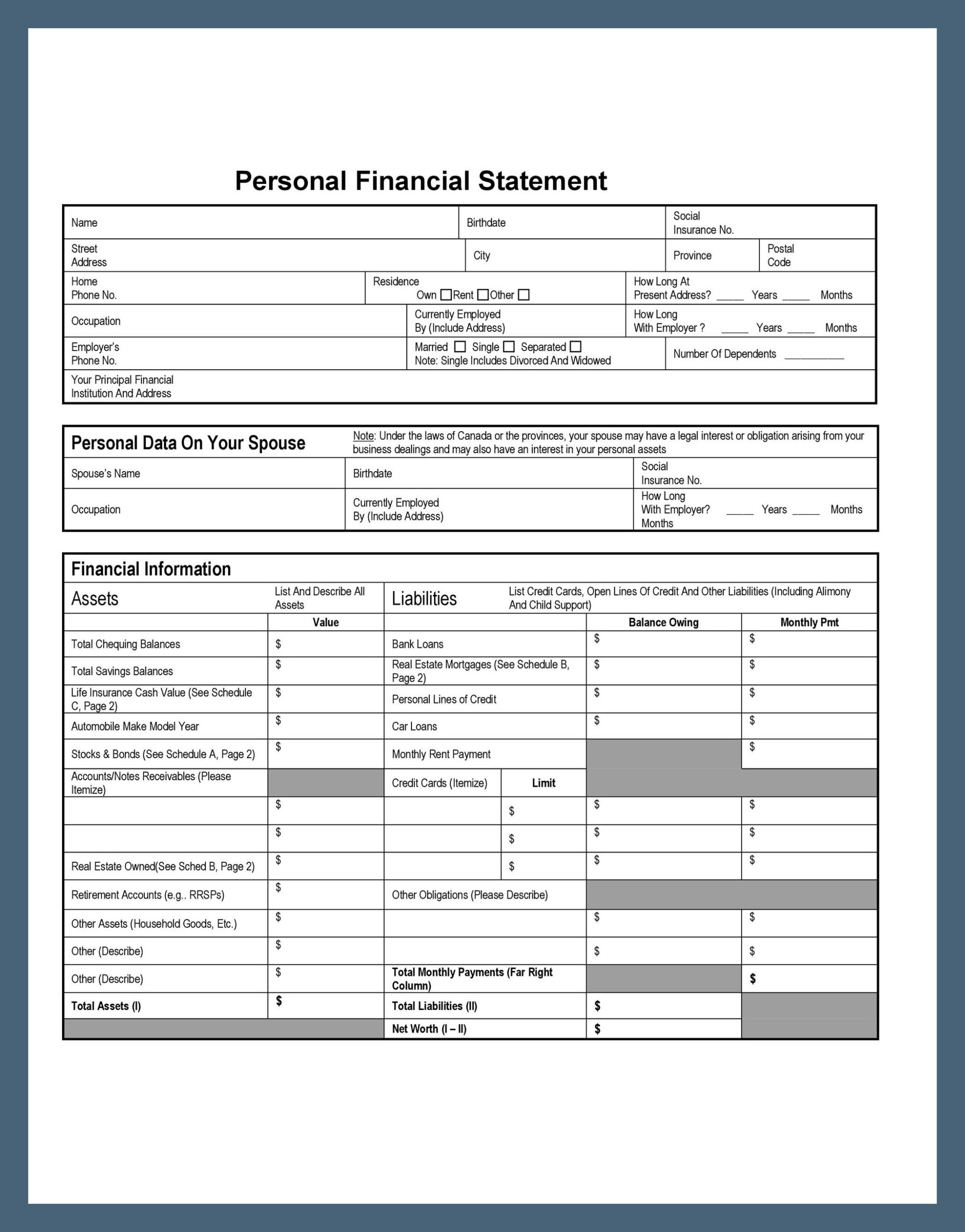 Example Personal Financial Statement Template Example Personal Financial Statement Template