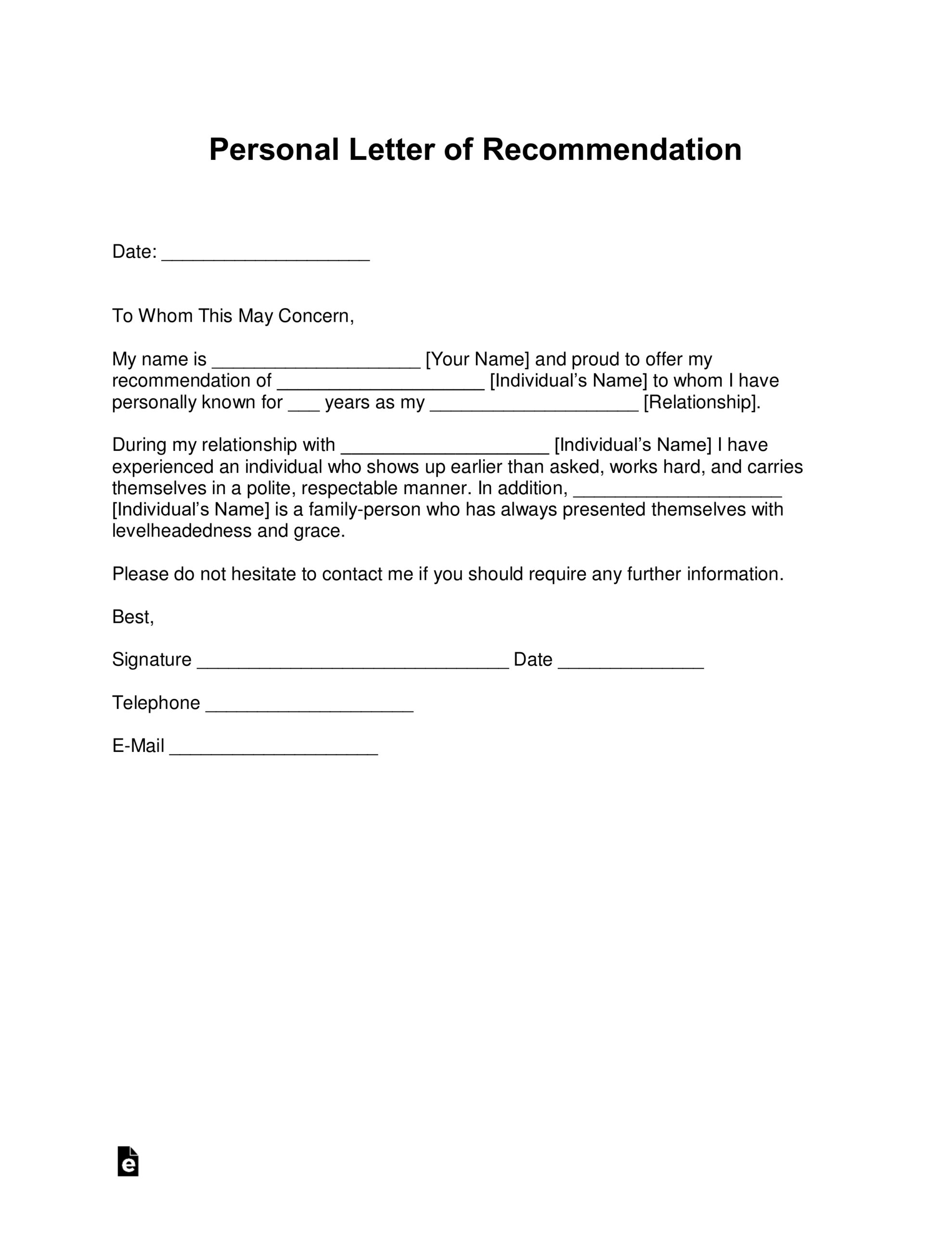 Example Personal Letter of Recommendation Template Example Personal Letter of Recommendation Template