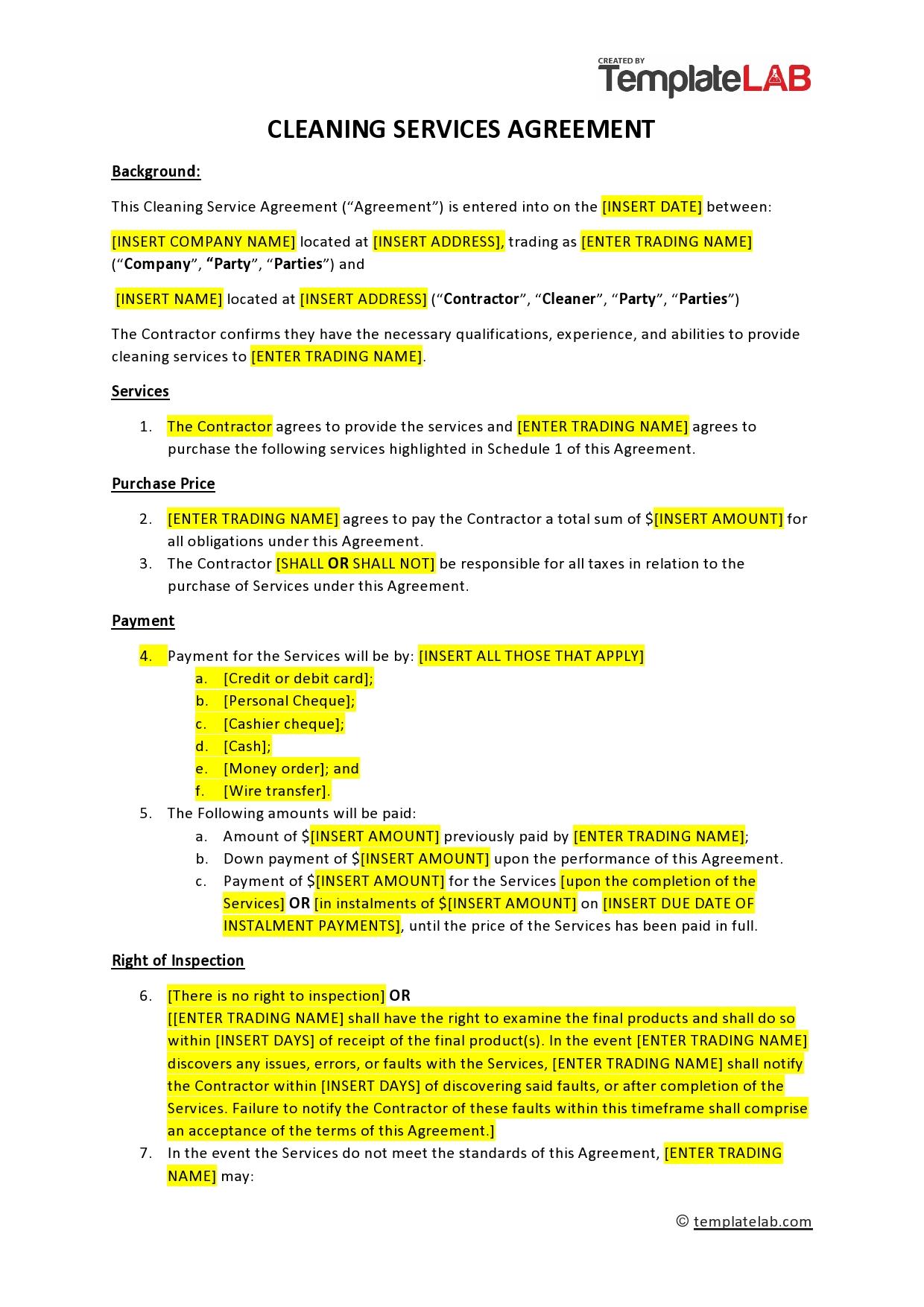 Example of Cleaning Service Agreement Template