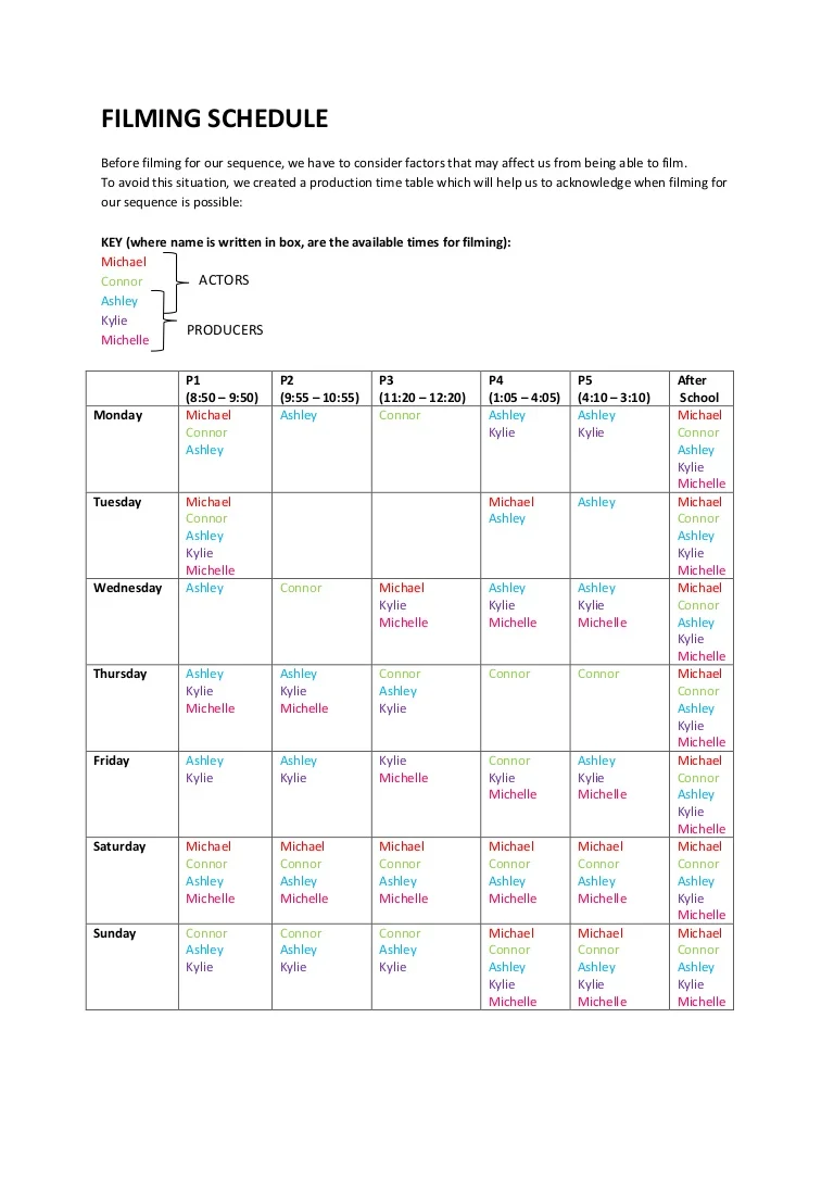 Example of Filming Schedule Template