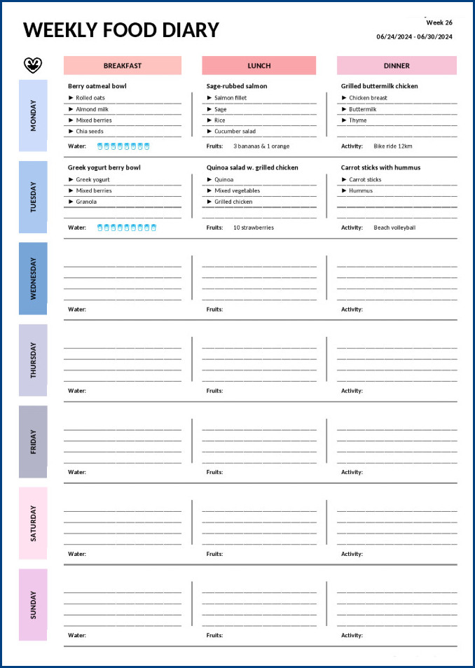 Example of Food Journal Template