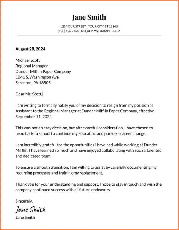 Example of Formal Letter of Resignation Template