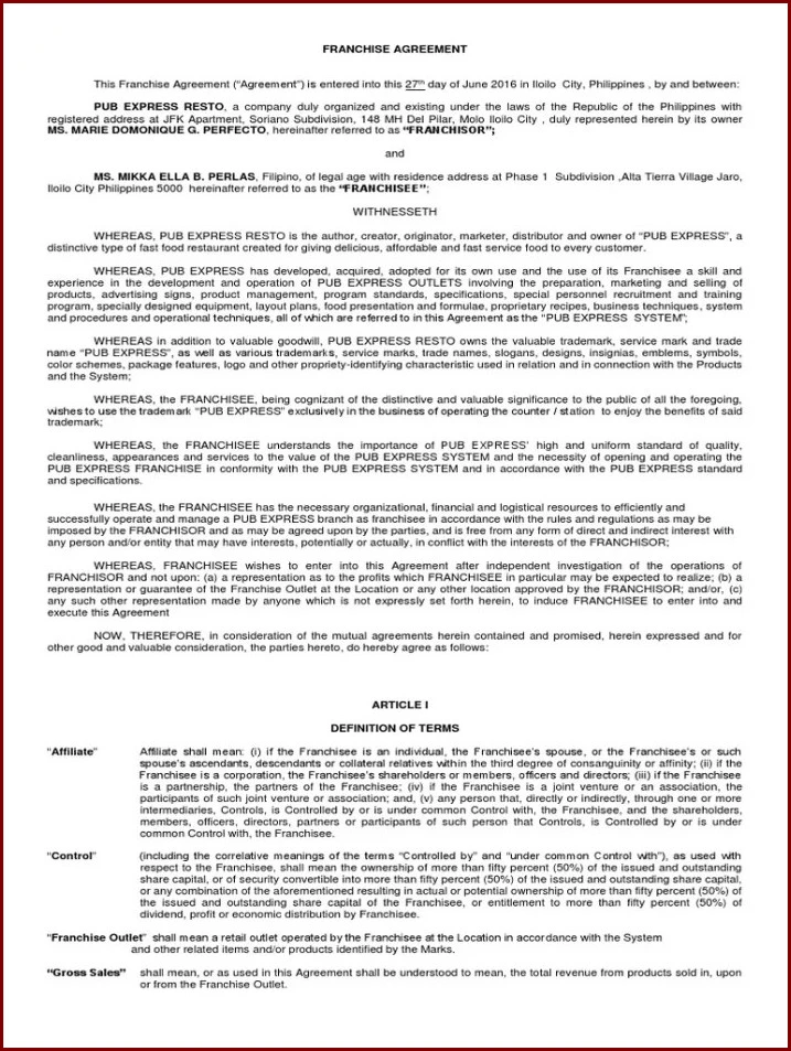 Example of Franchise Agreement Template