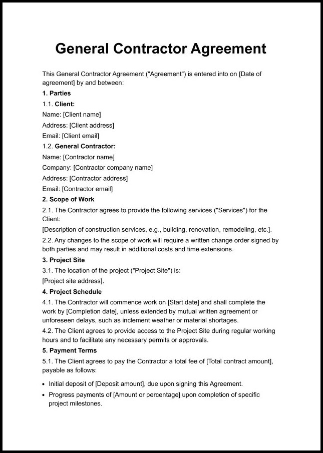 Example of General Contractor Agreement Template