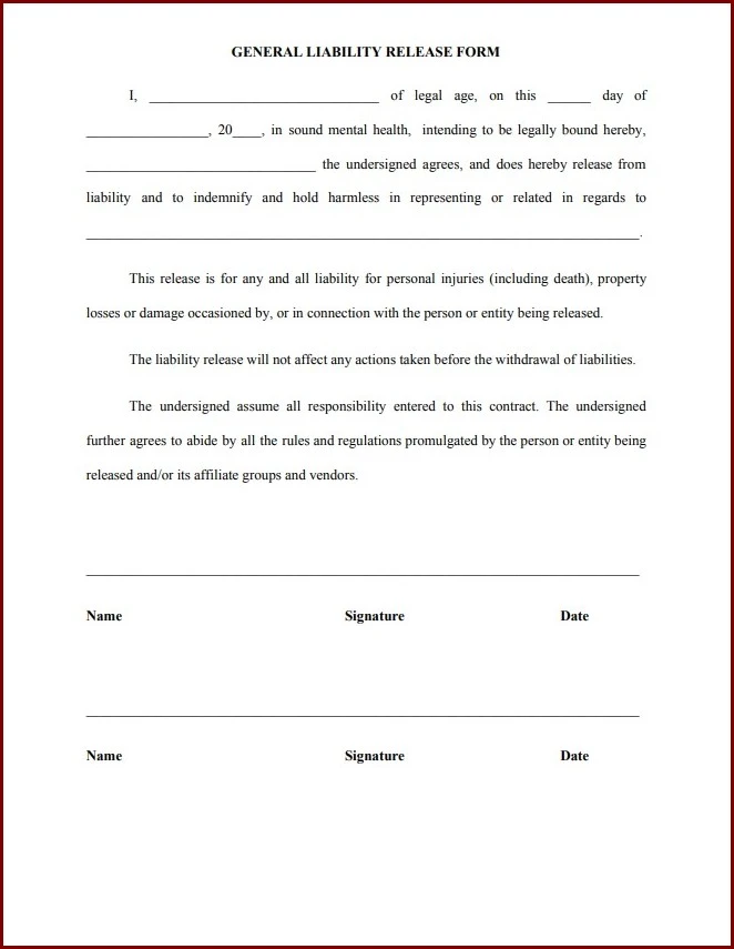 Example of General Release of Liability Form