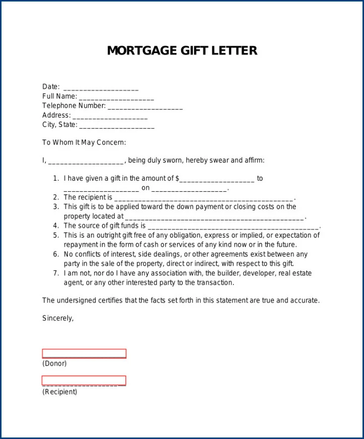 Example of Gift Letter Template for Mortgage