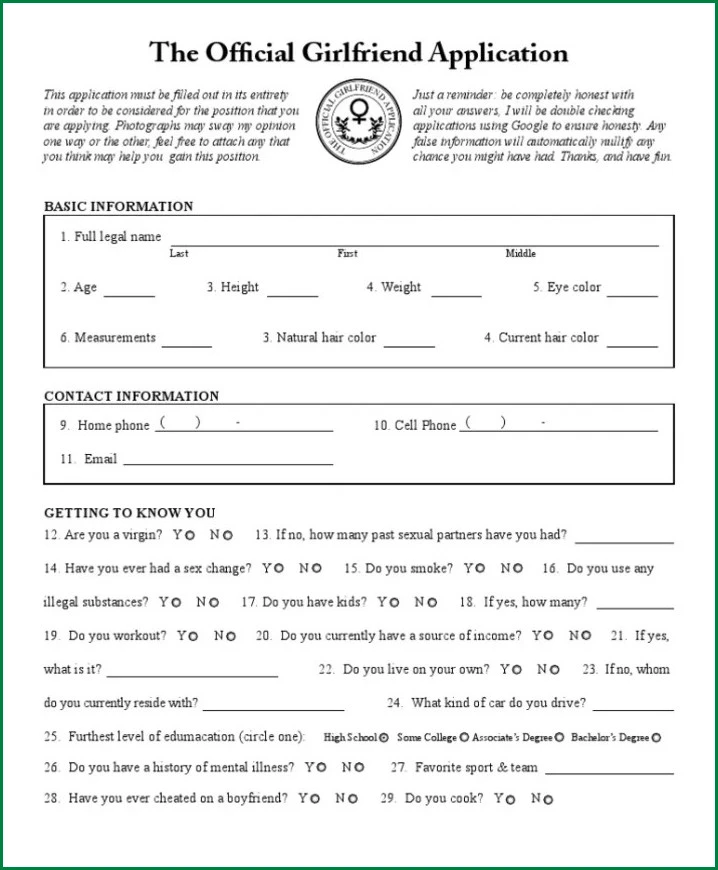 Example of Girlfriend Application Form