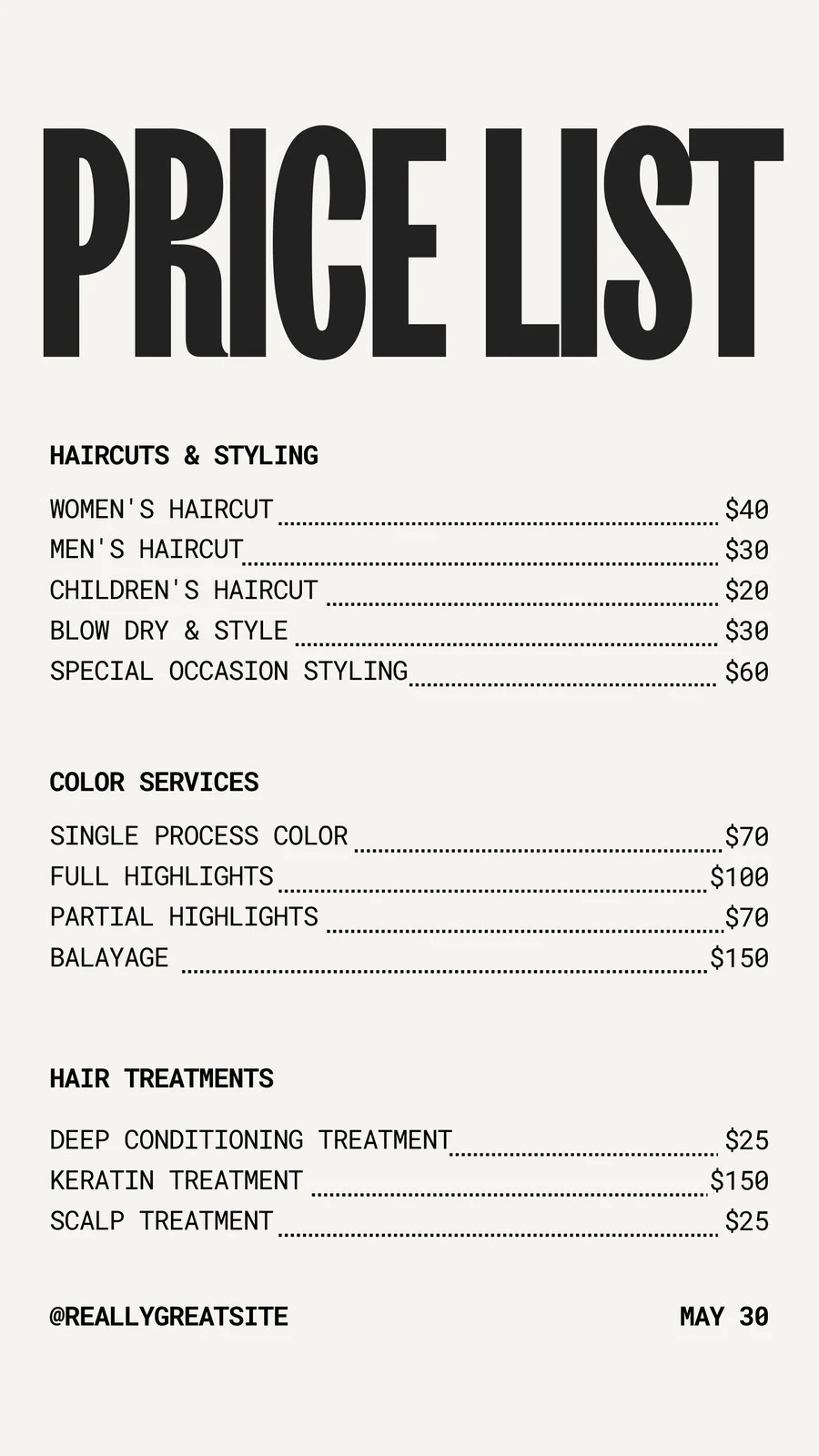 Example of Hair Salon Price List Template