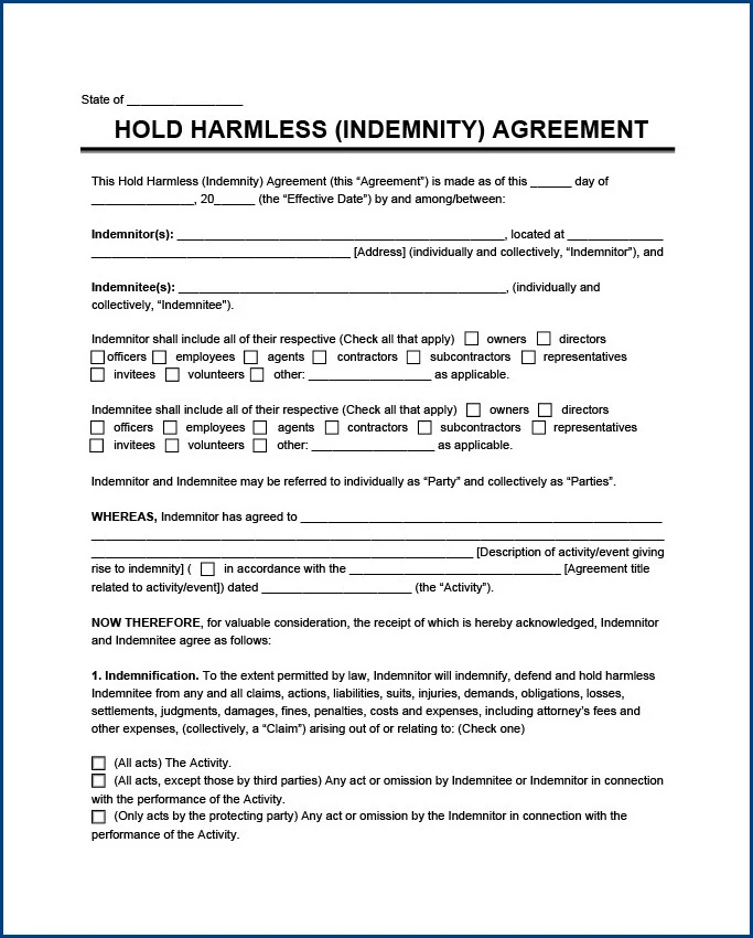 Example of Hold Harmless Agreement Template