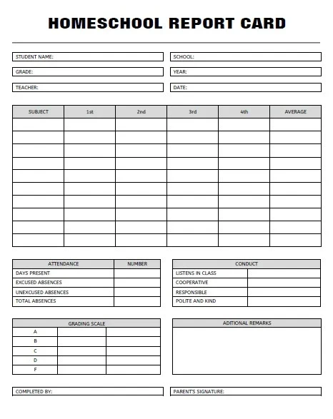 Example of Homeschool Report Card Template