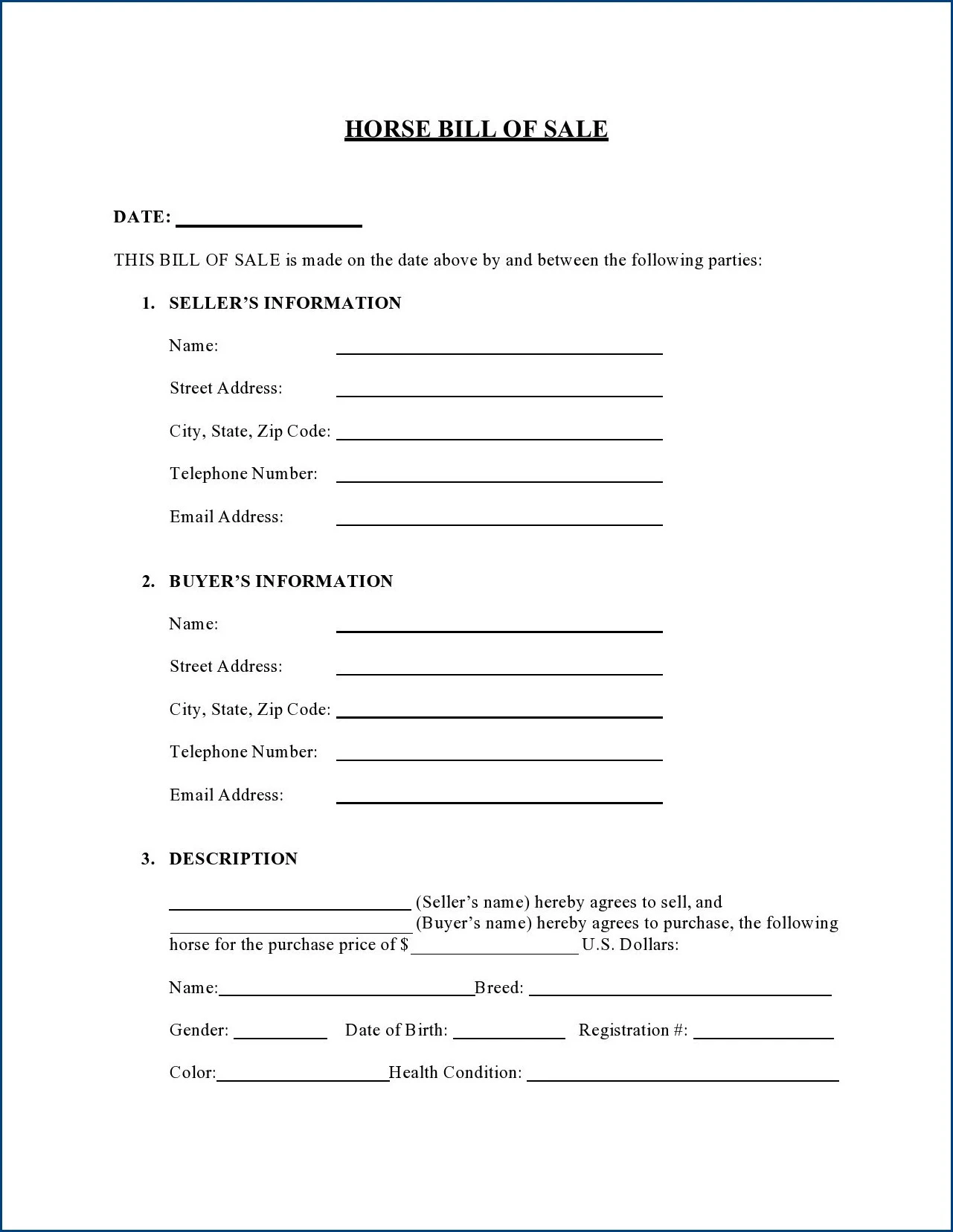 Example of Horse Bill of Sale Template