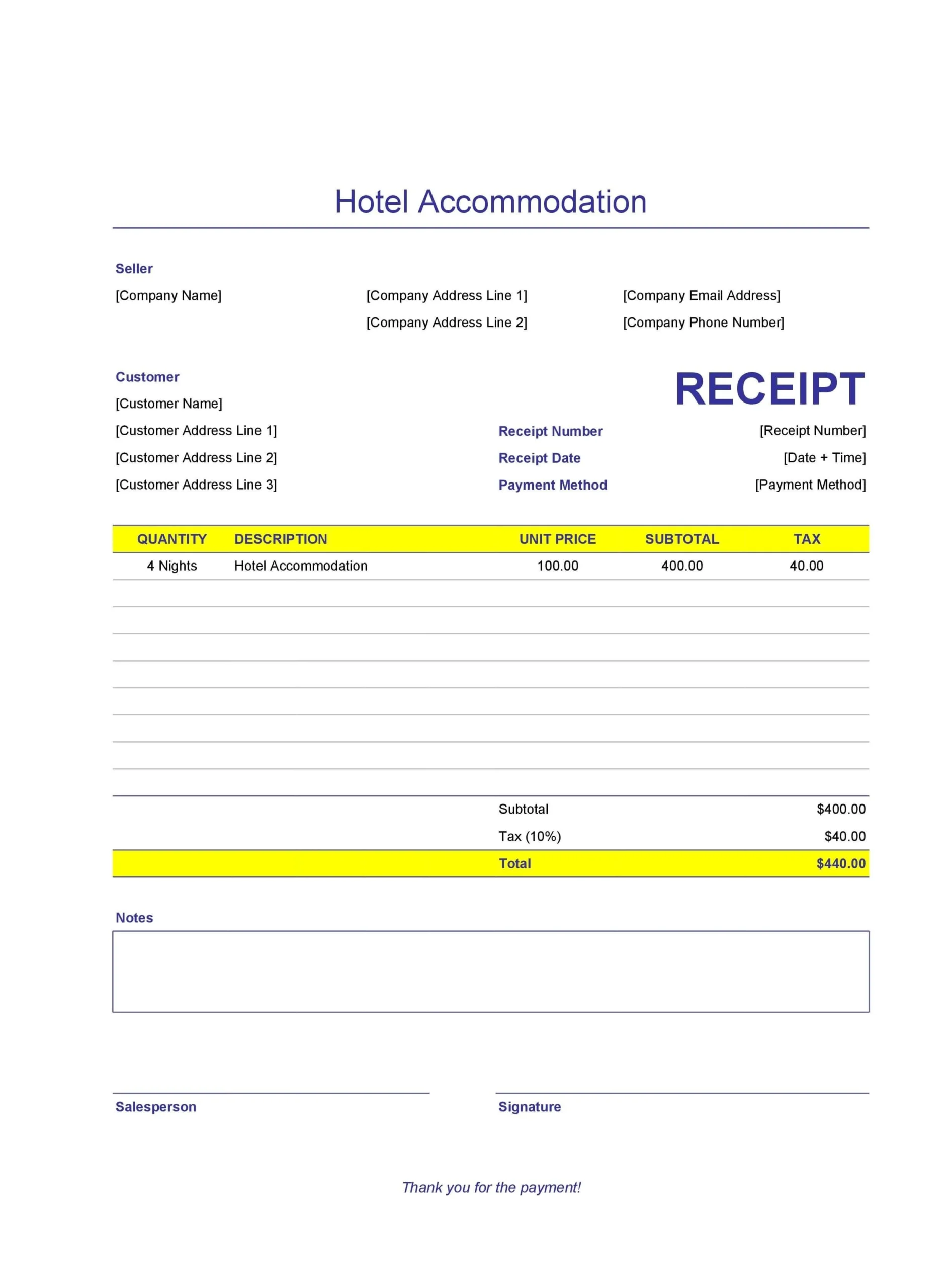 Example of Hotel Receipt Template