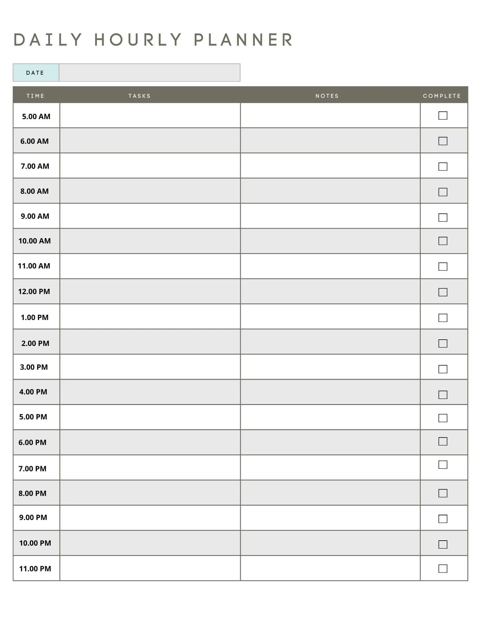 Example of Hourly Schedule Template