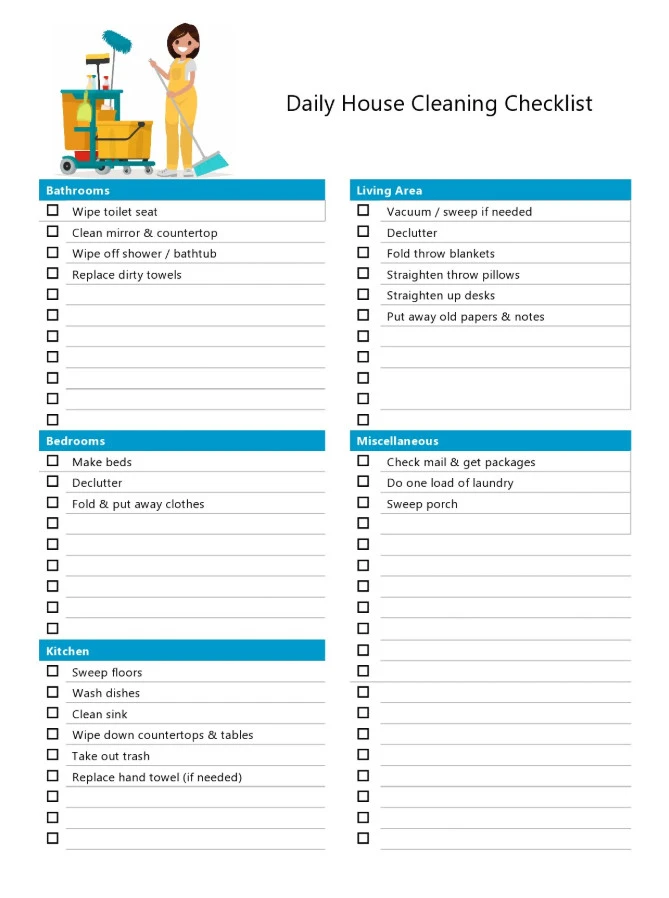 Example of Household Cleaning Checklist Template