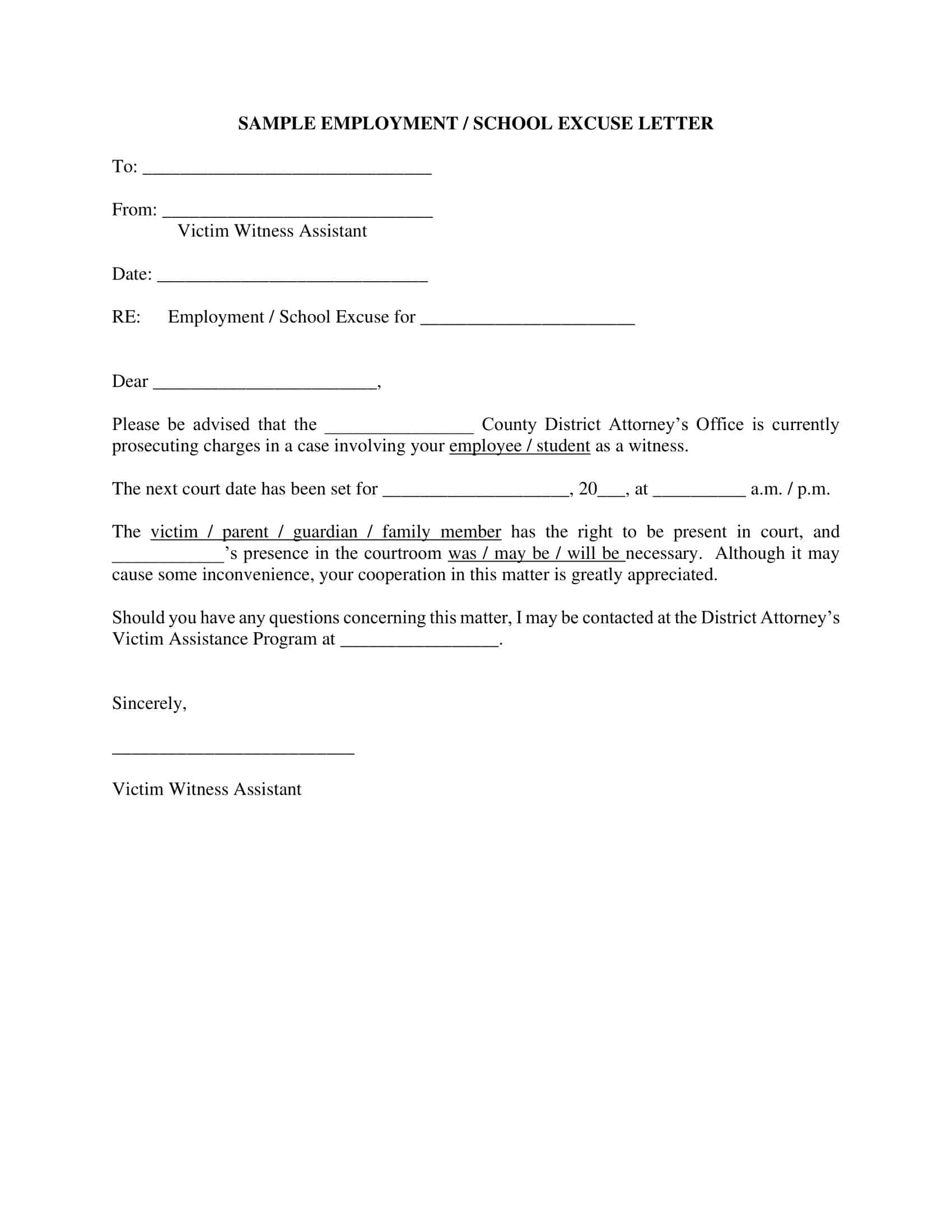 Excuse Letter Template