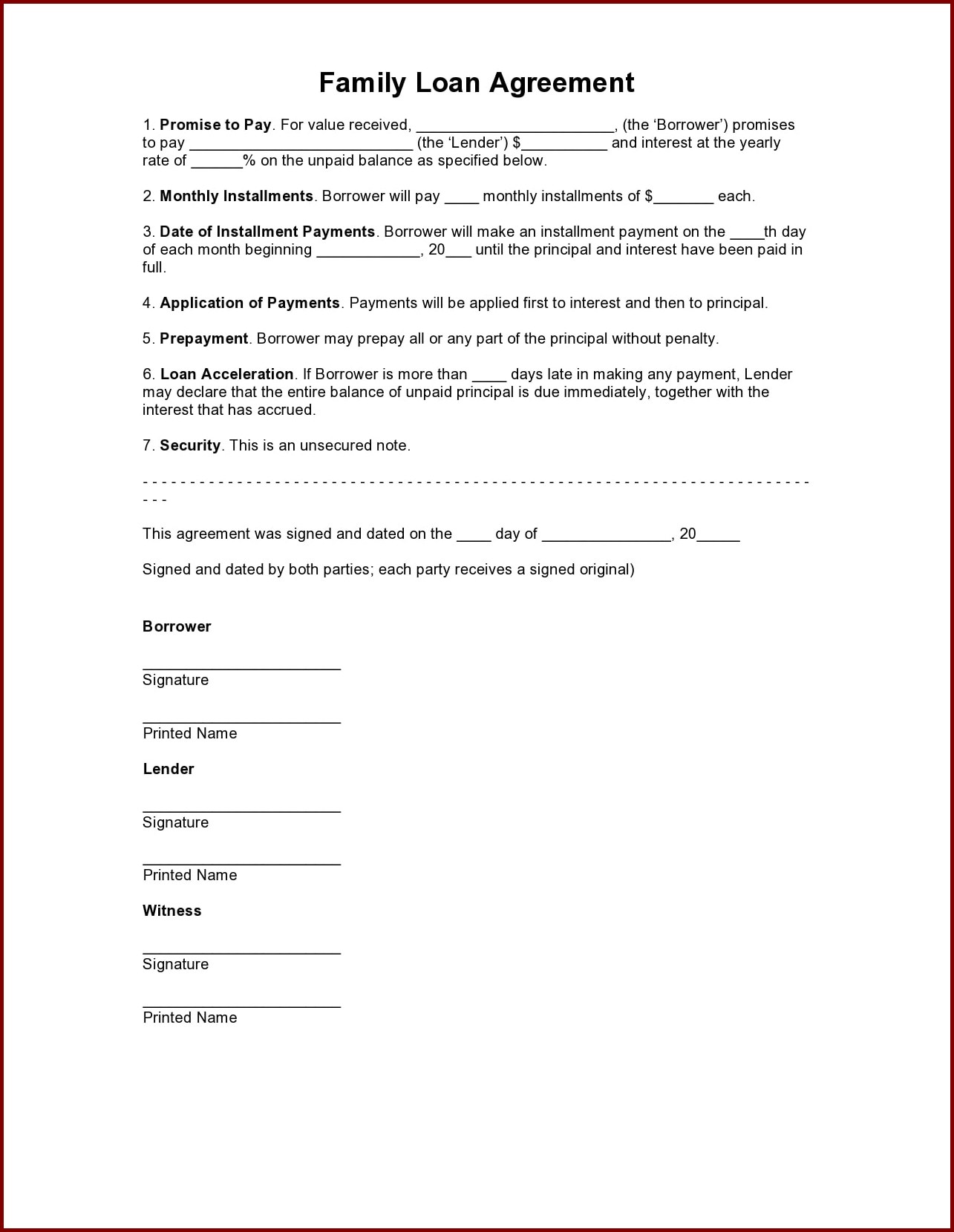 Family Loan Agreement Template Example Family Loan Agreement Template Example