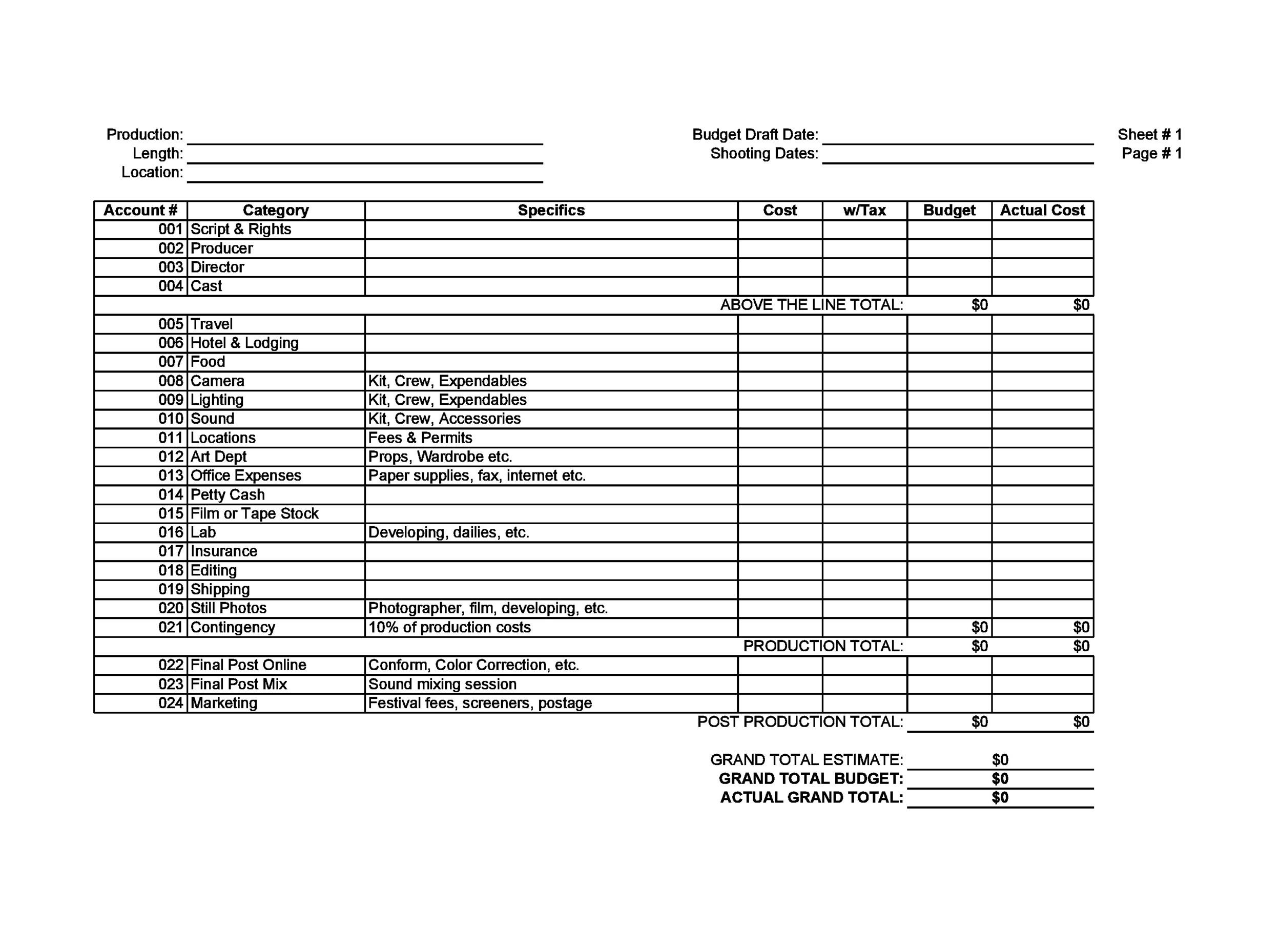 Film Budget Template Example Film Budget Template Example