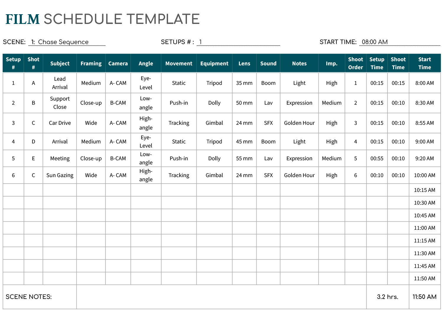 Filming Schedule Template