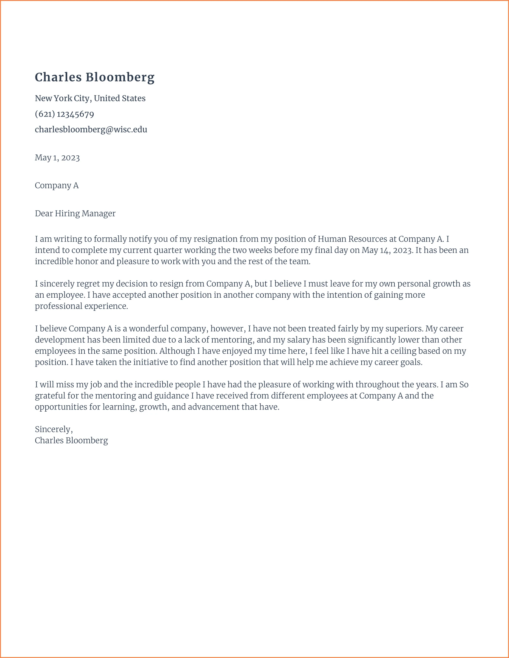Formal Letter of Resignation Template Example