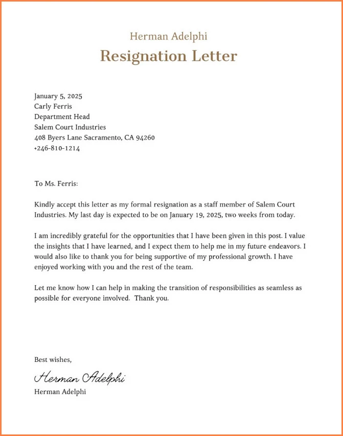 Formal Letter of Resignation Template Sample