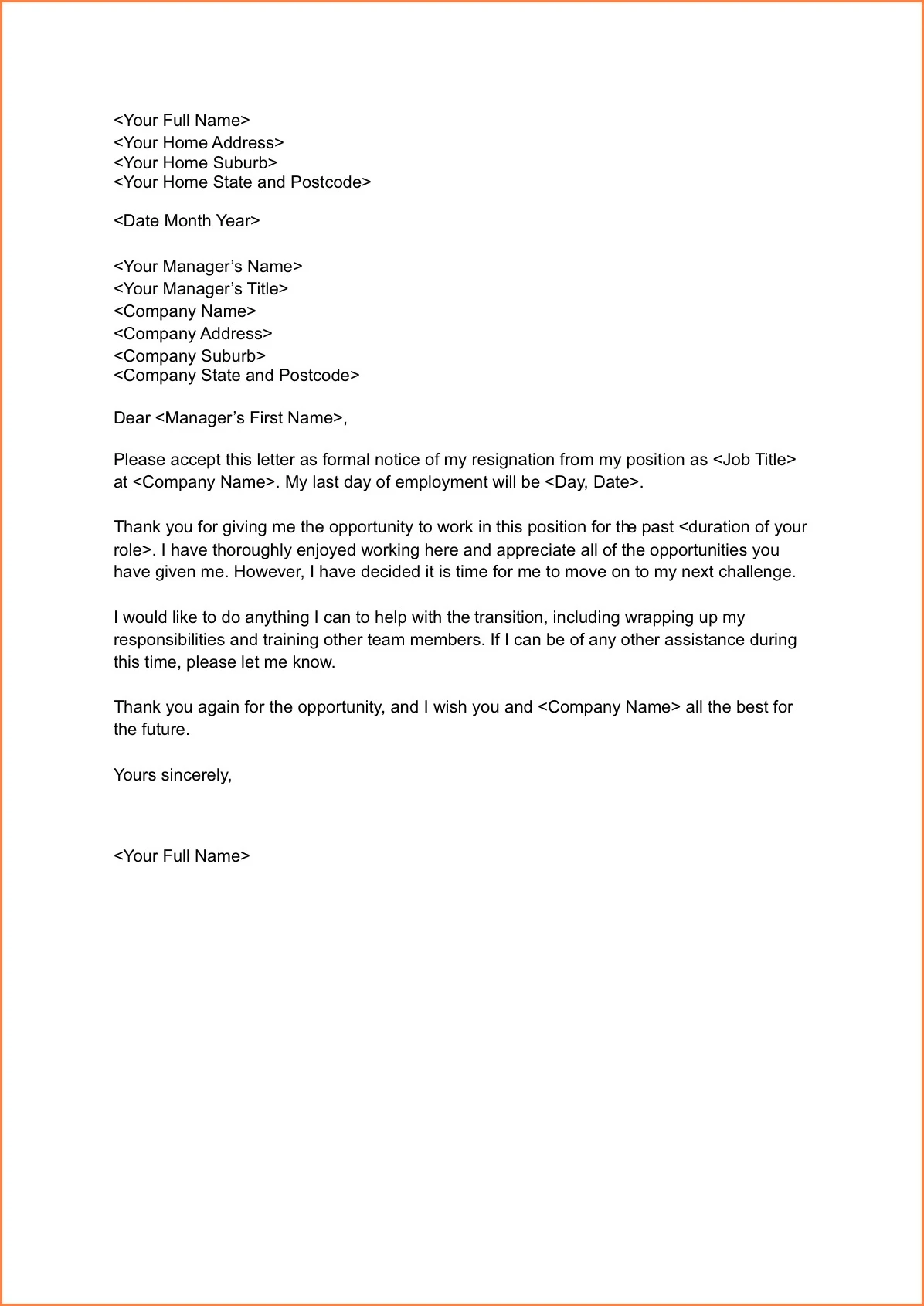 Formal Letter of Resignation Template