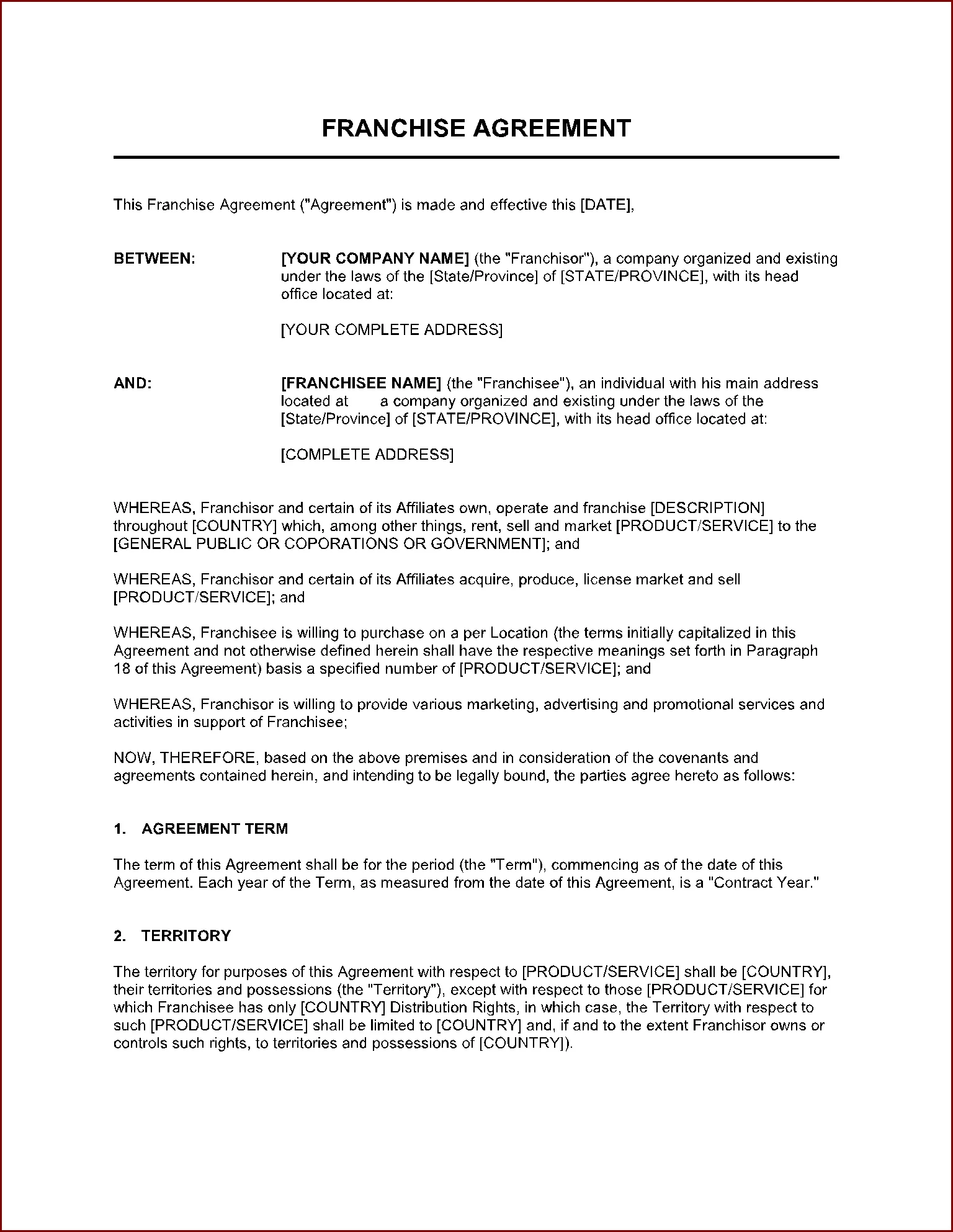 Franchise Agreement Template Example