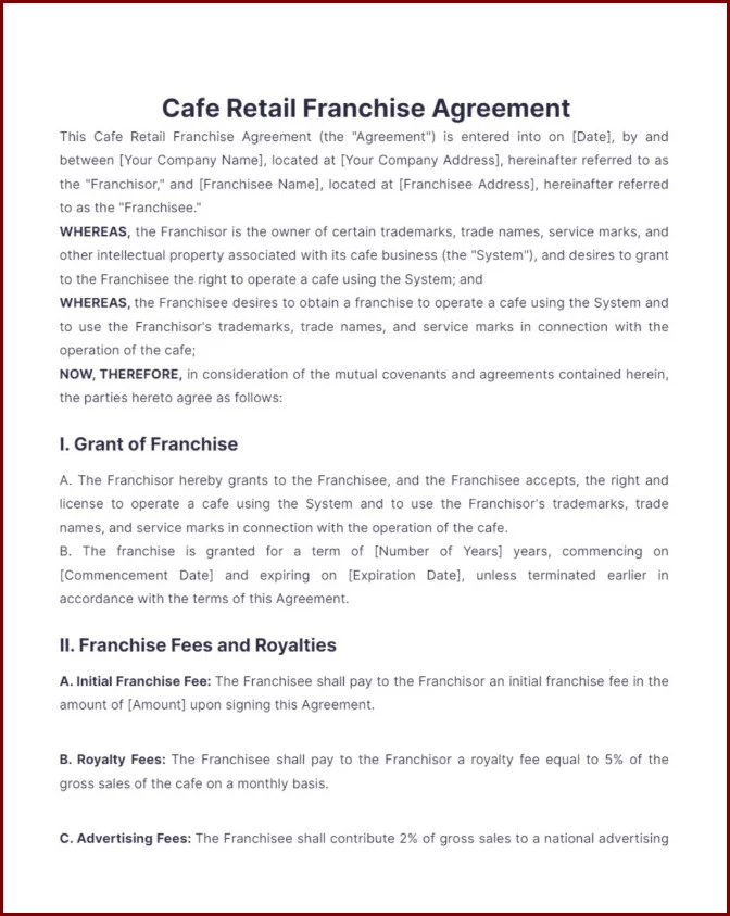 Franchise Agreement Template Sample