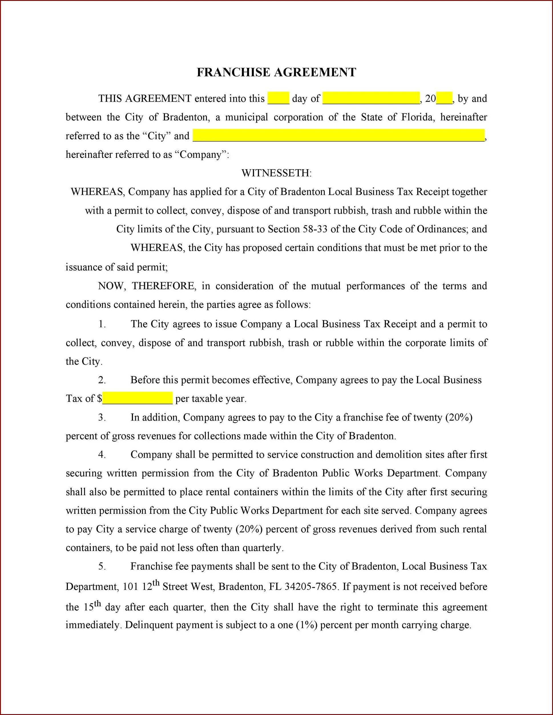 Franchise Agreement Template