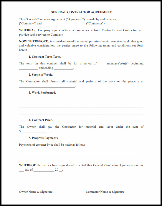 General Contractor Agreement Template Example