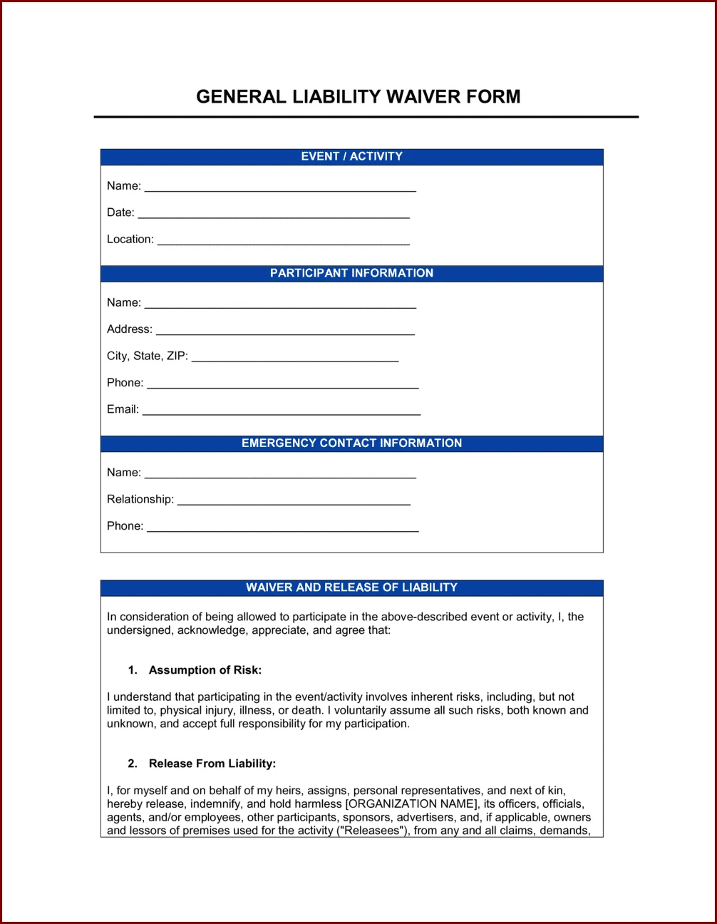 General Release of Liability Form
