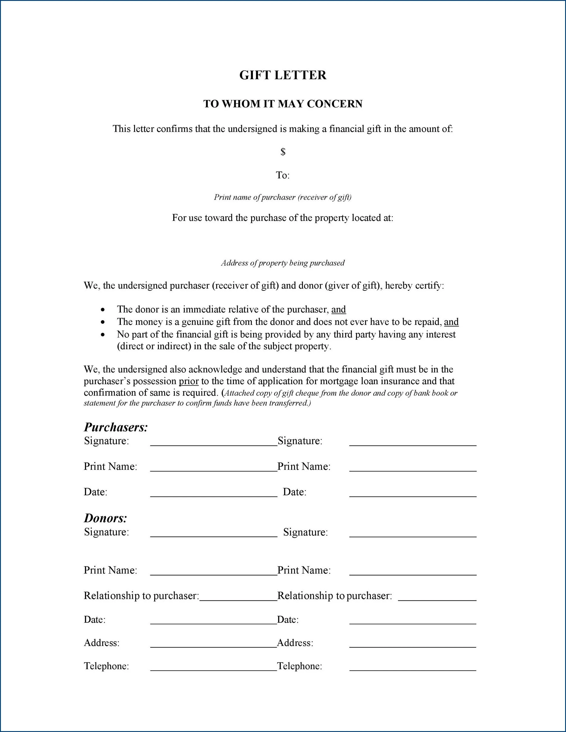 Gift Letter Template for Mortgage Sample