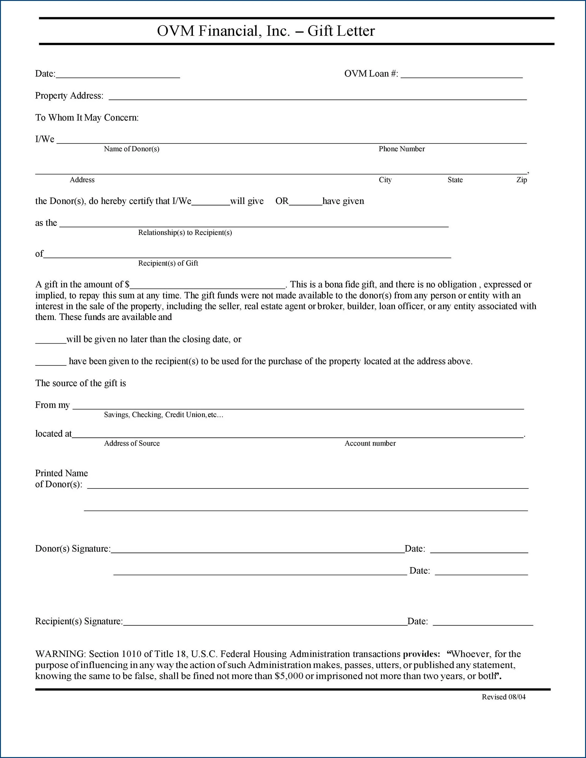 Gift Letter Template for Mortgage