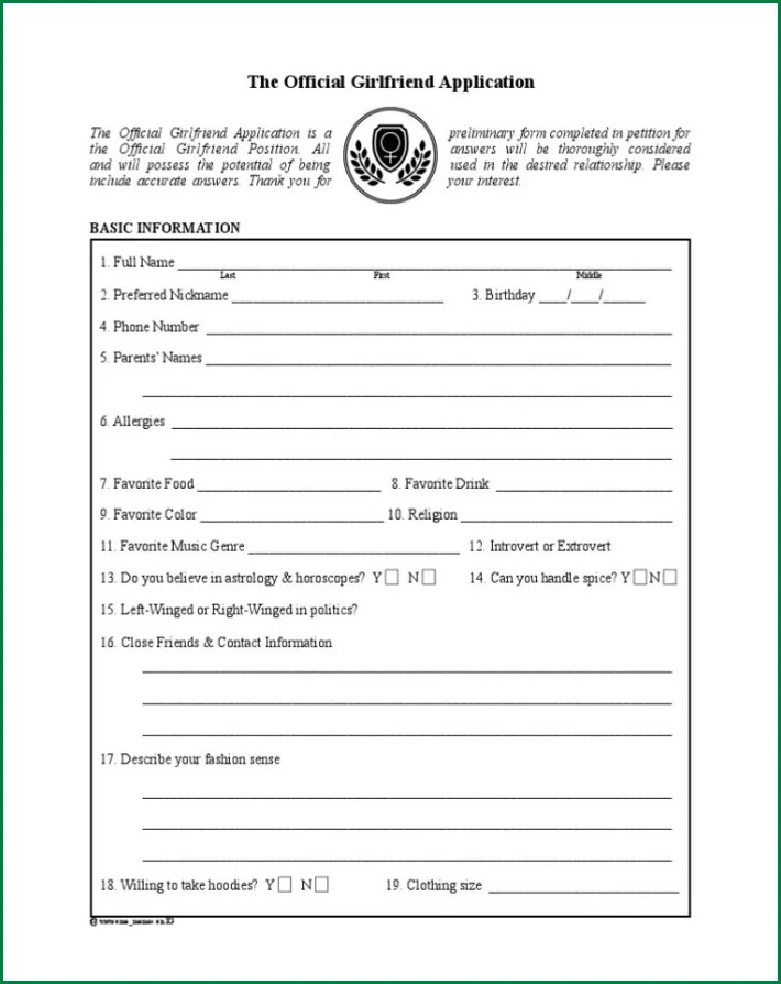 Girlfriend Application Form Sample