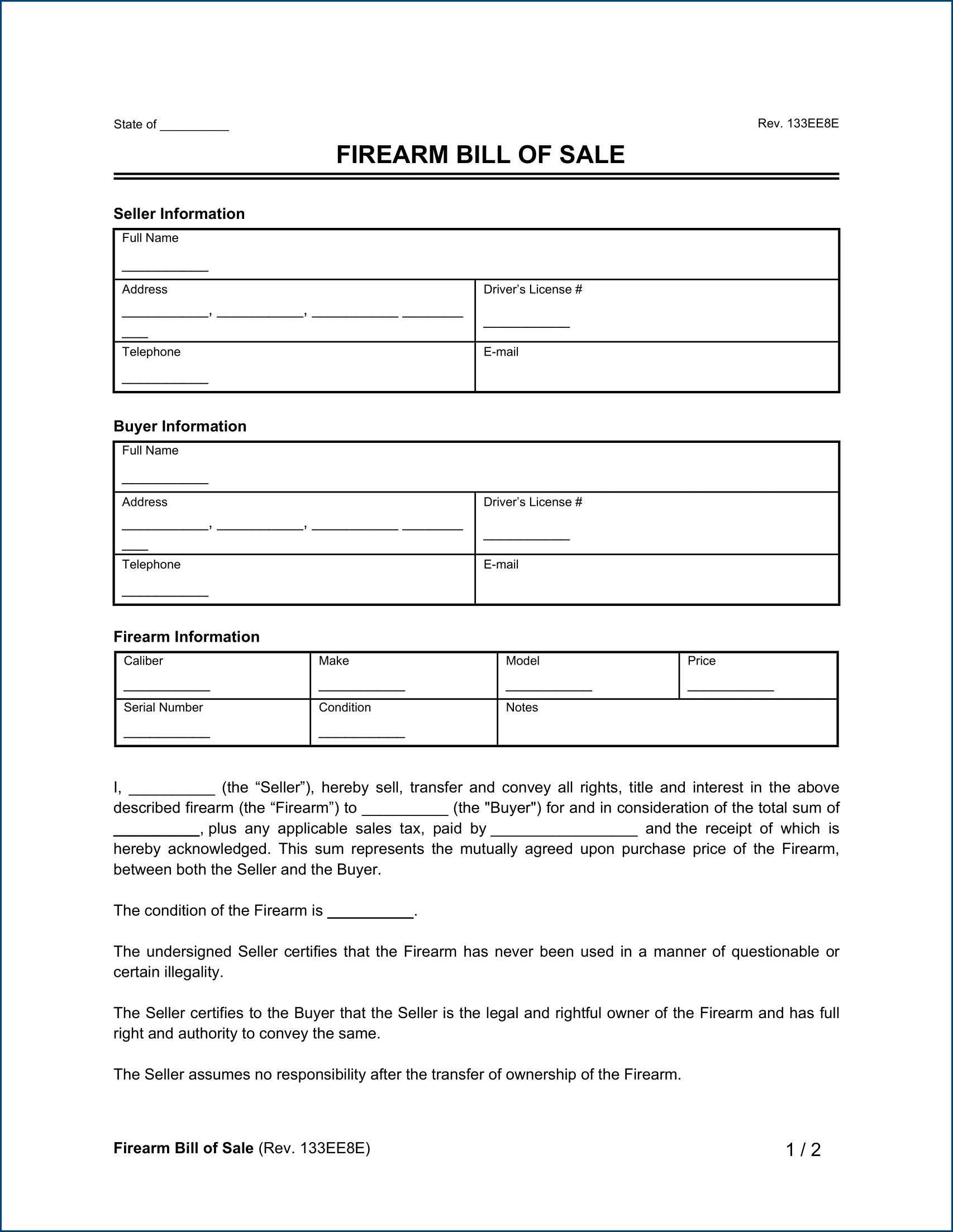 Gun Bill of Sale Template Sample