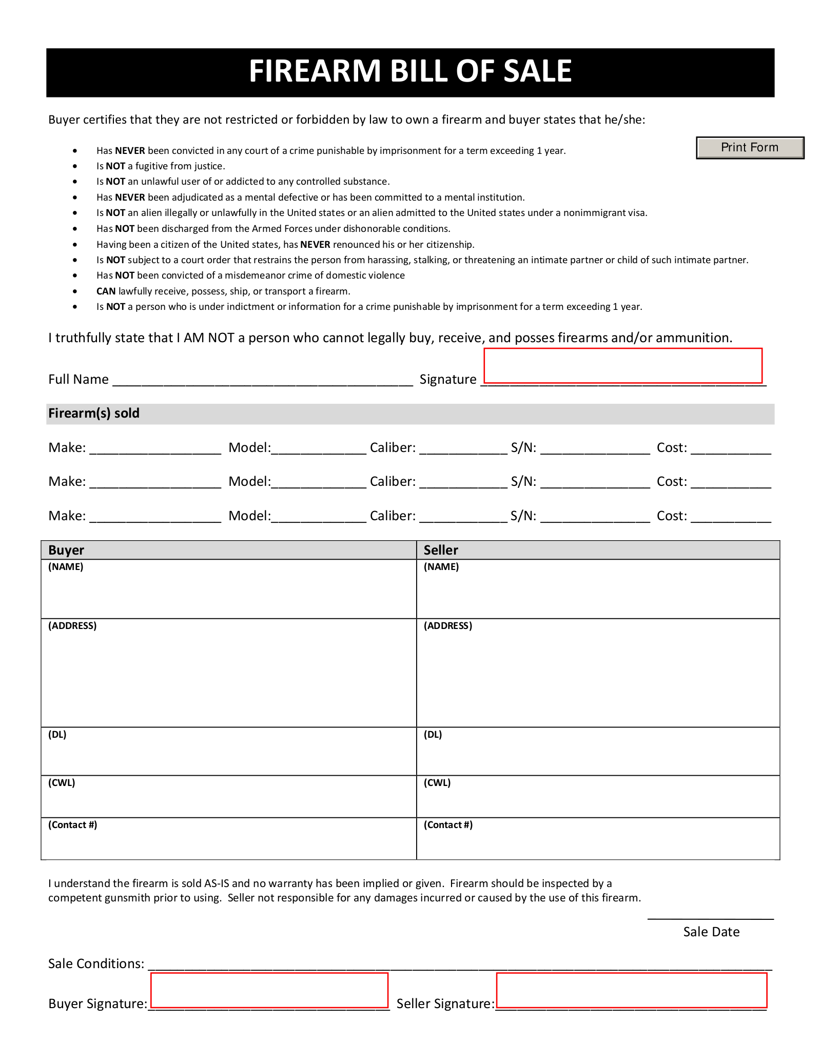 Gun Bill of Sale Template