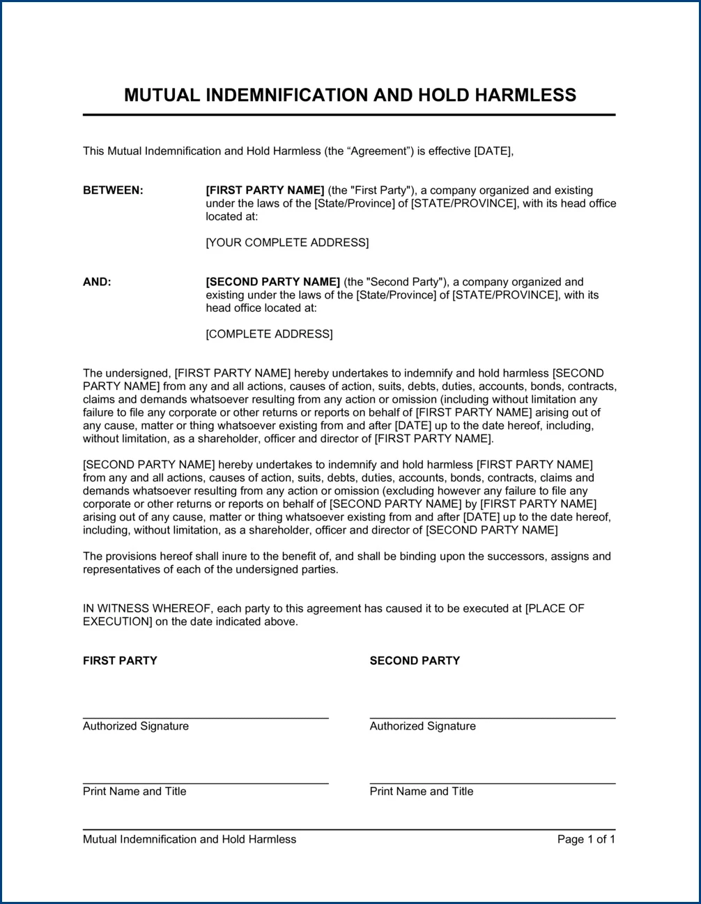 Hold Harmless Agreement Template Example