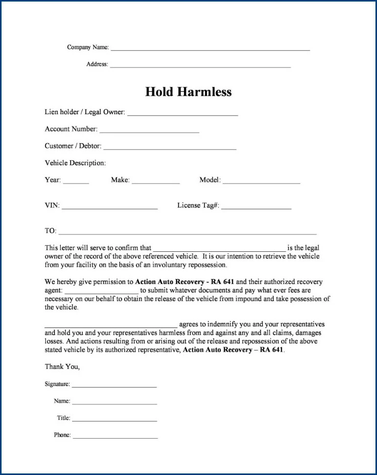 Hold Harmless Agreement Template Sample