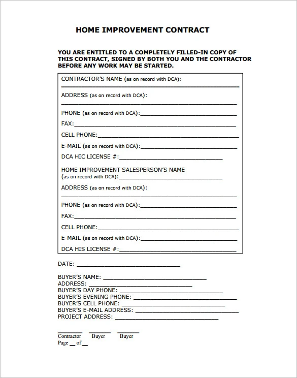 Home Improvement Contract Template Sample