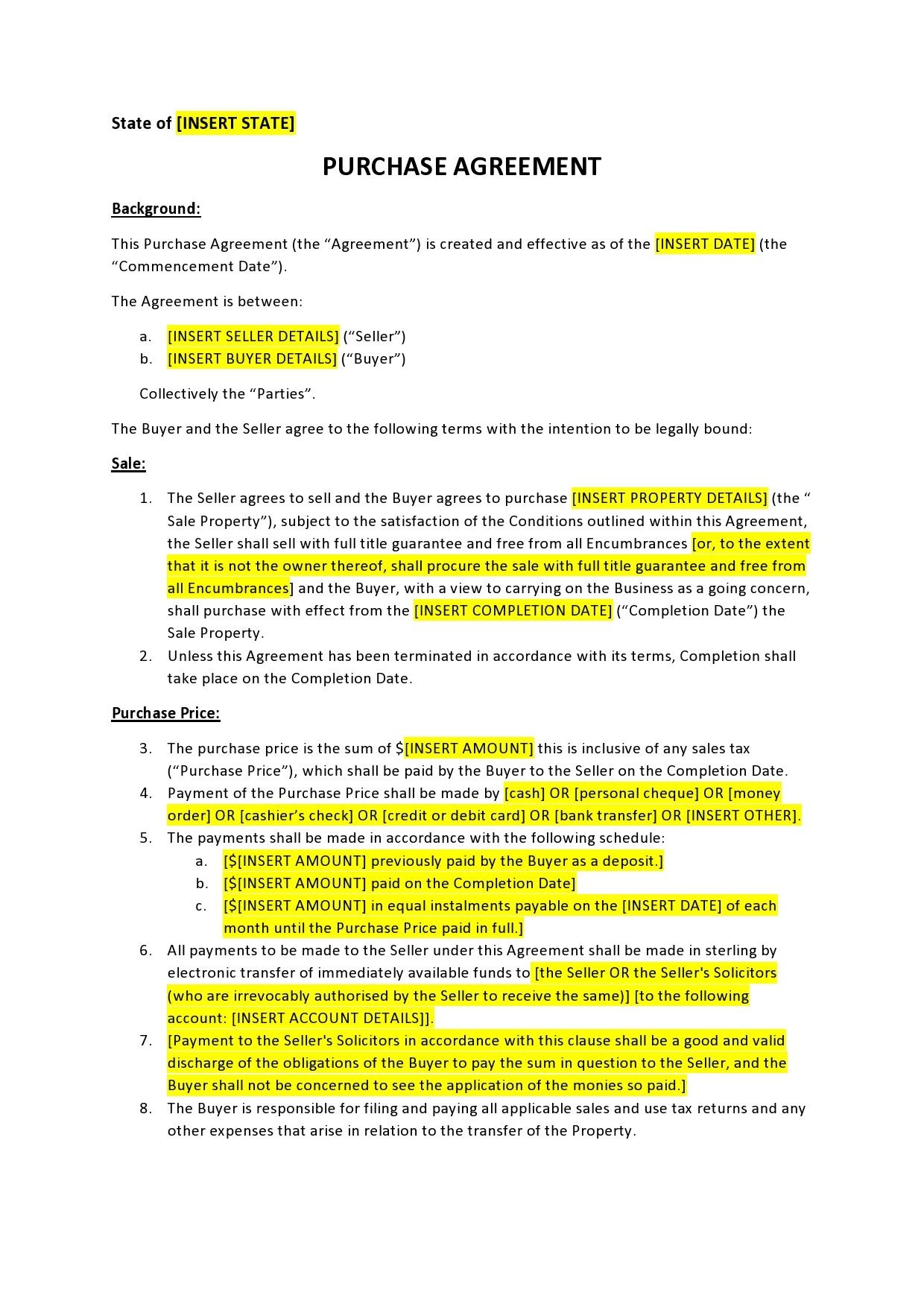 Home Purchase Agreement Template Sample