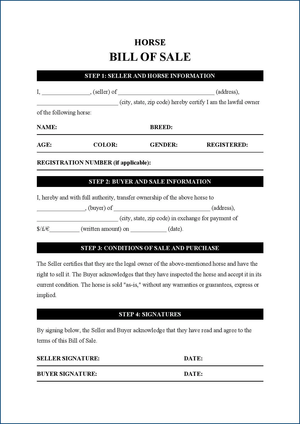 Horse Bill of Sale Template Example