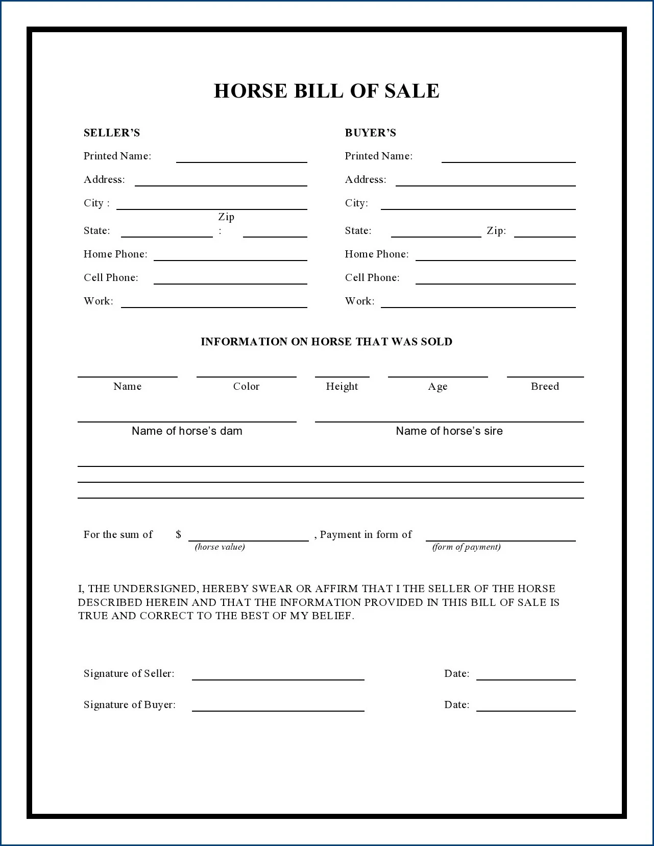 Horse Bill of Sale Template Sample