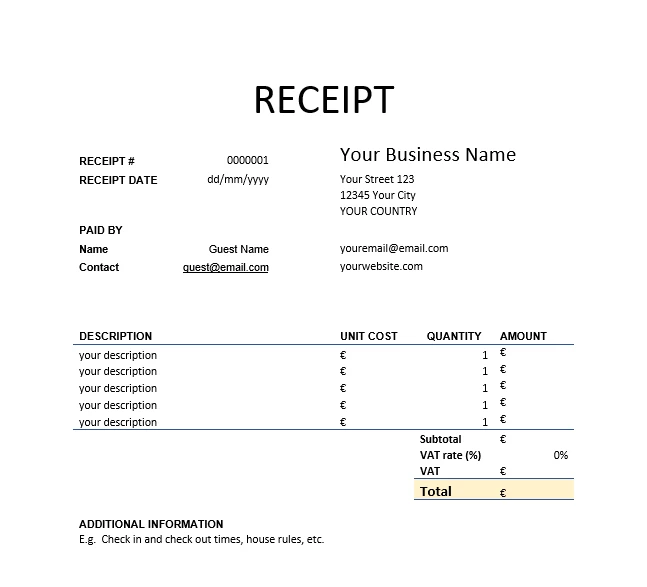 Hotel Receipt Template Example