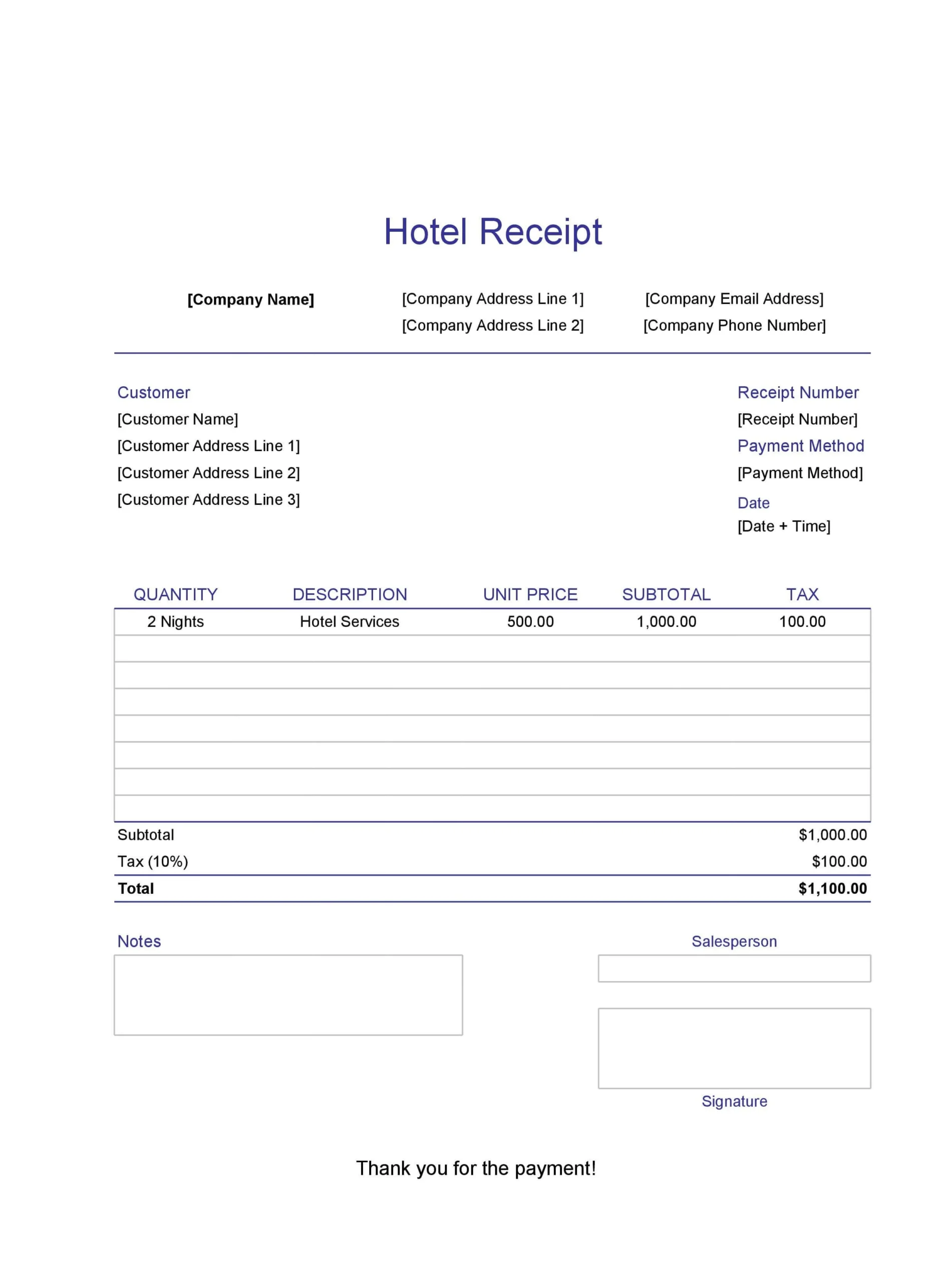 Hotel Receipt Template Sample
