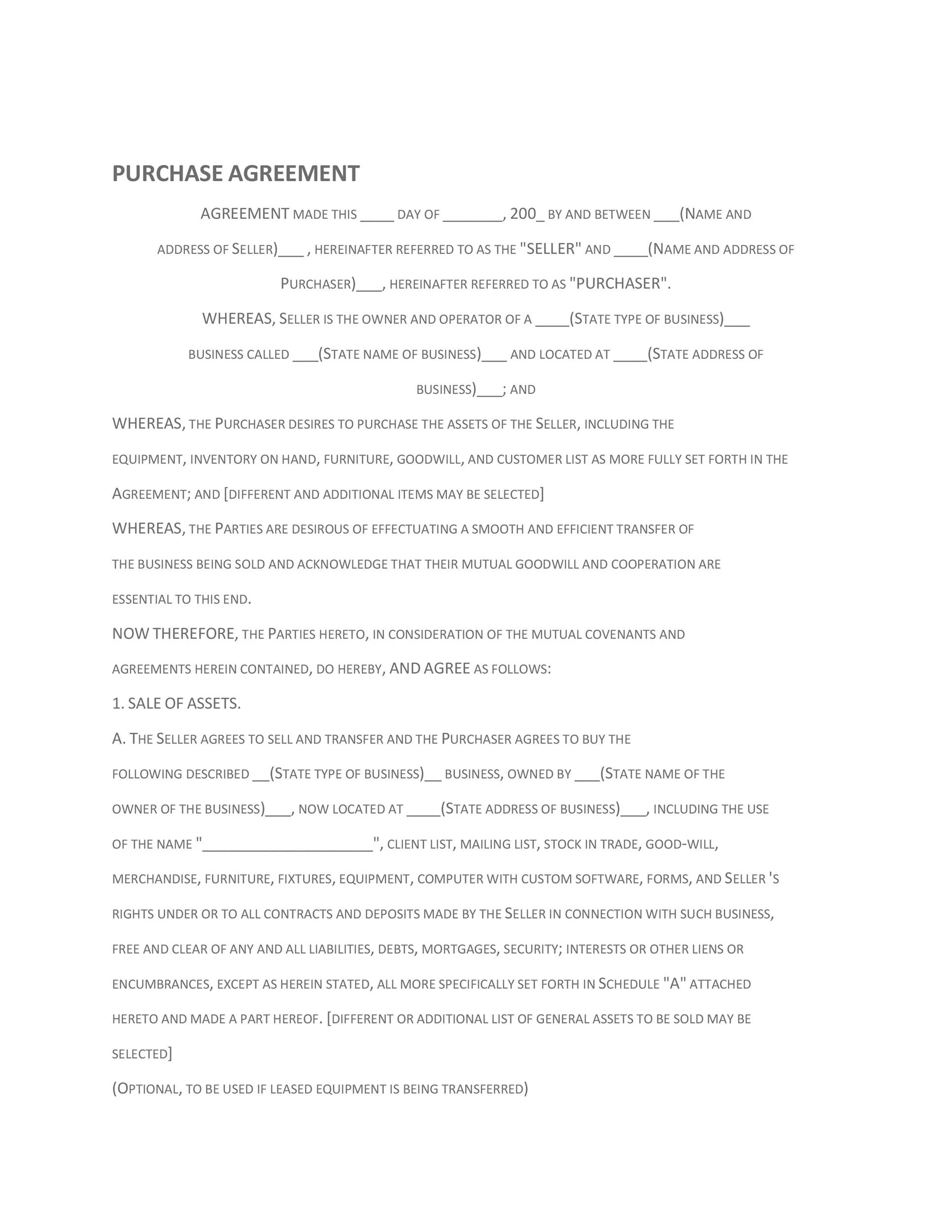 House Purchase Agreement Template Example