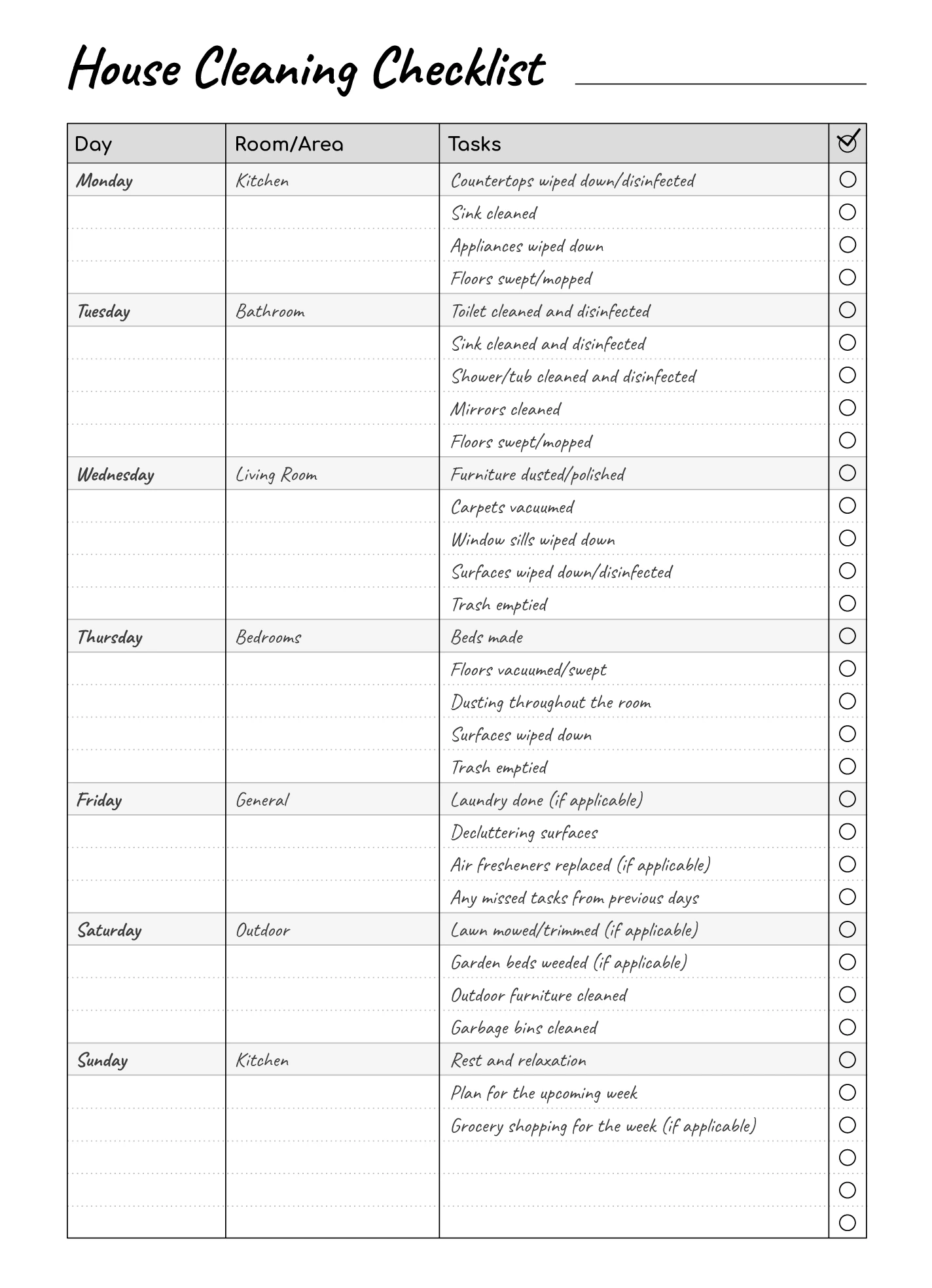 Household Cleaning Checklist Template Example