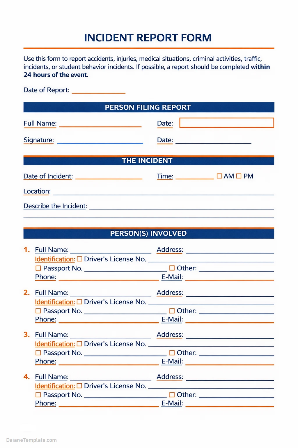 Simple Blank Incident Report Template Word